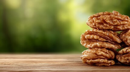 Fototapeta premium A pile of walnuts sitting on top of a wooden table