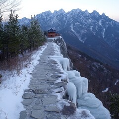 Scenic winter mountain path with icicles and pine trees leading to a traditional wooden house against snowcapped peaks at sunset in a serene wilderness setting