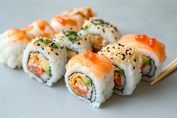 Delicious sushi rolls artfully arranged on a gray surface ready for enjoyment