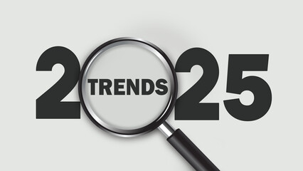 Trends 2025 Year Concept. Magnifying glass with a 2025 trend search bar, focusing on optimization, business marketing trends, and planning for the new year