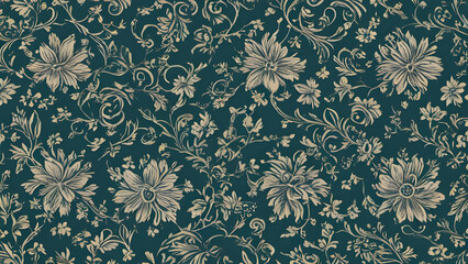 Elegant floral damask pattern repeating on teal background