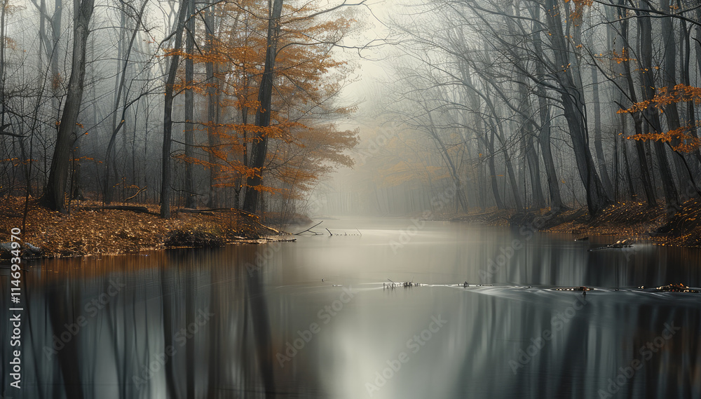 Poster A serene and misty forest, centered around a calm river or stream. The leafless trees stand tall on either side of the water, creating a striking reflection on the still surface of the stream.