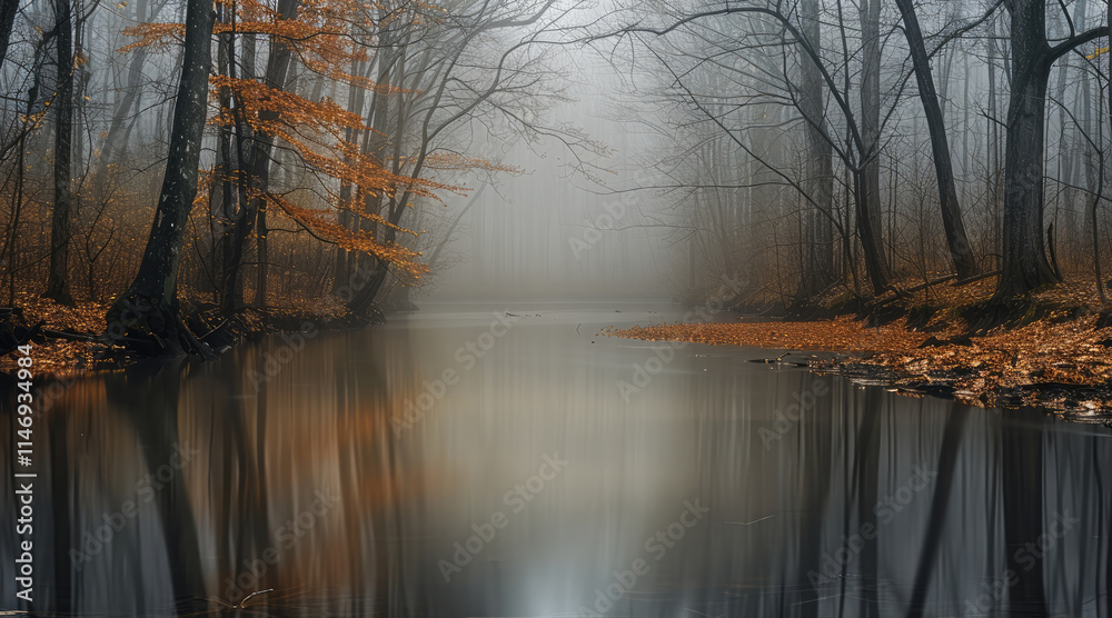 Poster A serene and misty forest, centered around a calm river or stream. The leafless trees stand tall on either side of the water, creating a striking reflection on the still surface of the stream.