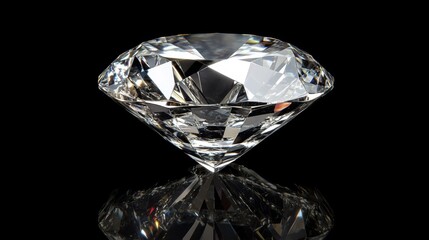 A brilliant cut diamond reflects on a black background