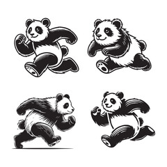 Black and White Running Panda Silhouette Vector Set - Wildlife Illustration Collection