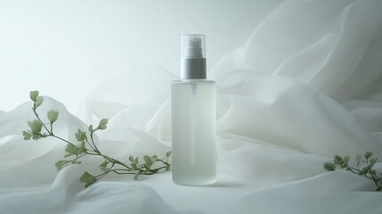 Minimalist spray bottle surrounded by soft fabric and delicate foliage.