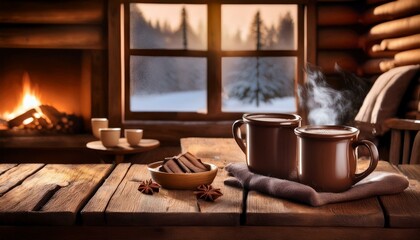 Generated image A rustic cabin scene with hot chocolate mugs on a wooden table  hands holding a steaming mug of hot chocolate with marshmallows