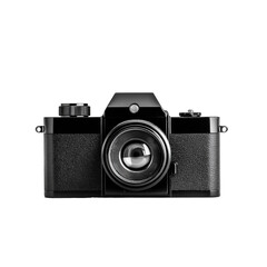 Isolated Image Of A Classic Vintage Camera With A Black Body, Slight Shadow, And Front-Facing View On A White Background