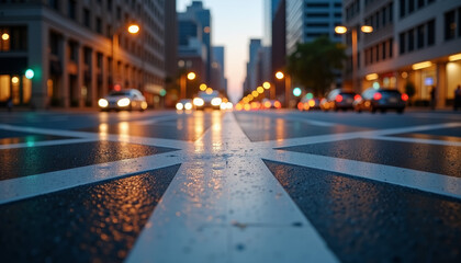 Evening rush hour in the city streets with vibrant lights and reflections on the wet pavement