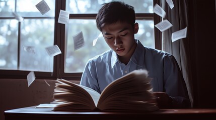 Dyslexia. A student sits at a desk with an open book, where some letters appear to float or swim off the page. The letters should be slightly blurred or warped, with some appearing to drift upward.