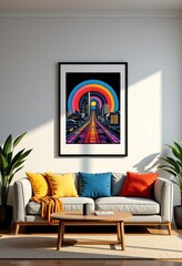 Whimsical black-and-white framed illustration, minimalist living room, vaporwave style, copy space, soft warm light, front view