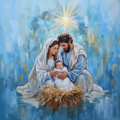 Nativity scene with baby Jesus in hands of Mary and Joseph. Oil painting of Holy family on blue background with guiding star above. Birth of Savior and God © Milan