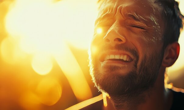 Man crying tears of happiness, his expression unguarded and pure, bright sunlight reflecting his joy and emotion, a blurred background, .