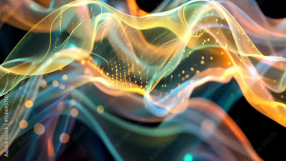 Poster translucent waves of color flow gracefully, illuminated with shimmering particles, creating an ether