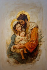 Mary and Joseph holding baby Jesus Christ. Classic wall painting of Holy family. Fresco with Maria, Joseph and Jesus. © Milan
