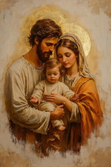 Virgin Mary and Saint Joseph holding baby Jesus Christ. Classic oil painting of Holy family. For vertical card, banner, religious Christian print © Milan
