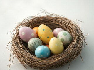 Obraz premium Colorful Easter eggs in a nest, willow branches, sweets