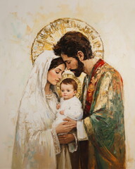 Virgin Mary and Saint Joseph holding baby Jesus Christ. Classic oil painting of Holy family. For vertical card, banner, religious Christian print © Milan