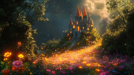 Naklejka premium A magical castle surrounded by vibrant flowers and glowing path.
