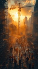 Obraz premium Construction workers at a bustling site during a golden sunset.