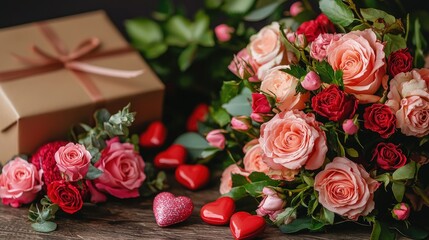 Romantic roses bouquet, gift, hearts.