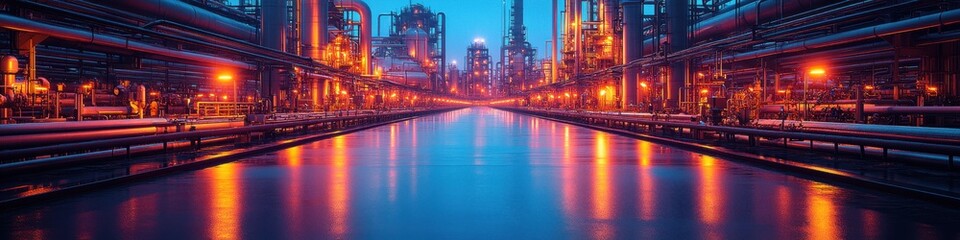 Industrial plant at night with vibrant lighting reflections.