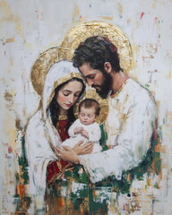Virgin Mary and Saint Joseph holding baby Jesus Christ. Classic oil painting of Holy family with gold halos. © Milan