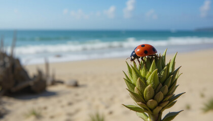 Obraz premium a ladybug insect posing on a branch on the beach shore