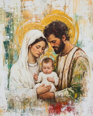 Virgin Mary and Saint Joseph holding baby Jesus Christ. Classic oil painting of Holy family in gold, red and green colors. © Milan