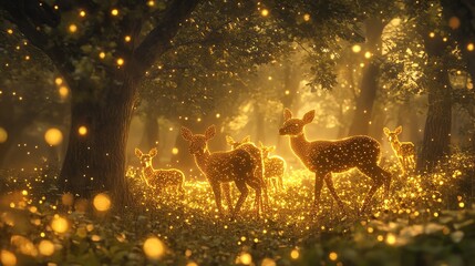 Fototapeta premium Deer in a forest illuminated by magical glowing lights.