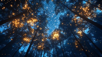 Naklejka premium Magical forest with glowing lights under a starry night sky.