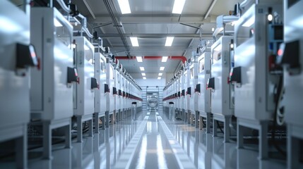 Fototapeta premium Inside a Modern Industrial Facility: A Corridor of Advanced Machinery and Technology