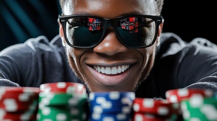 A close-up of a winning poker hand, chips piled high, and the player's confident smile reflected in sunglasses