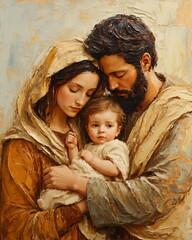 Virgin Mary and Saint Joseph holding baby Jesus Christ. Oil painting of Holy family in impasto style © Milan