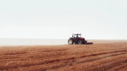 Obraz premium Red Tractor Working in a Misty Field During Harvest: A Serene Agricultural Scene