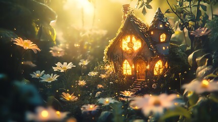Whimsical fairy tale cottage surrounded by blooming flowers at sunset.
