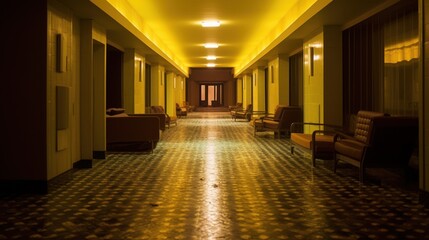 Dimly lit vintage hallway with patterned flooring and retro decor.