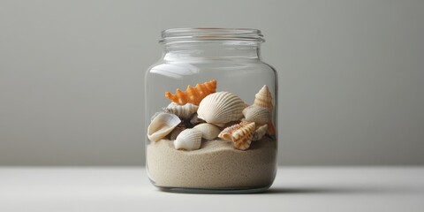 A jar filled with sand and shells. The jar is clear and has a white background. The sand and shells are of different sizes and colors