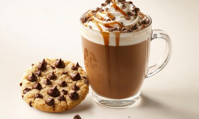 Hot mocha latte topped with whipped cream and caramel swirl, paired with a chocolate cookie. .