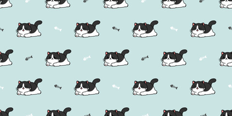 Cute munchkin cat white and black color lwith fishbone cartoon seamless pattern, vector illustration
