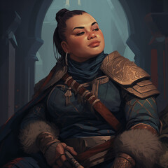 Portrait of a medium complexion female dwarf in a temple from a fantasy world.