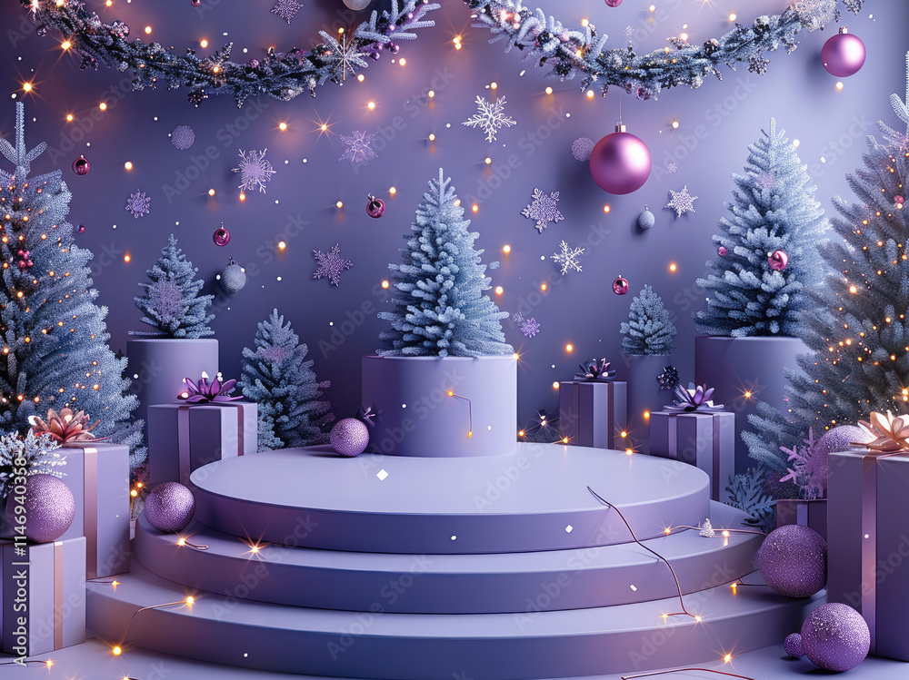 Poster purple and blue background with snowflakes falling from the sky. in the centre is an empty circular 