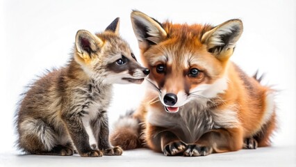 Obraz premium Charming vintage illustration: playful raccoon and fox cubs against a pristine white backdrop.