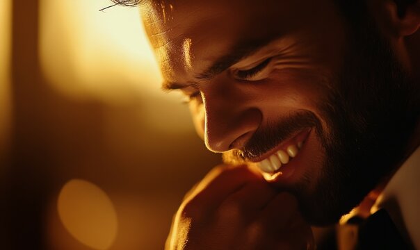Nervous groom holding back tears, emotions swirling as he smiles tenderly, subtle golden light framing his face, soft textures, .