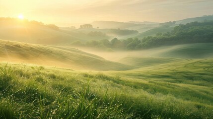Fototapeta premium Misty Sunrise over Rolling Hills: A Serene Tuscan Landscape