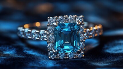 Elegant emerald-cut blue gemstone ring with diamond accents.