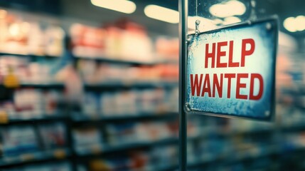 Help wanted sign at store during busy holiday shopping season.