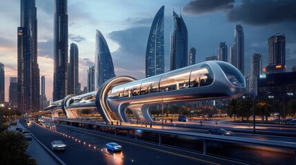 Futuristic Urban Transportation Hub Integrating Electric Vehicles in a Vibrant Cityscape at Dusk