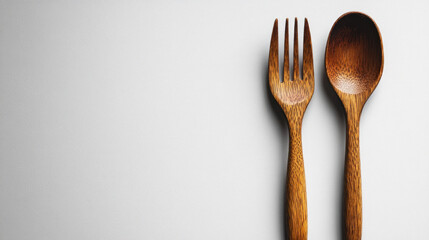 Wooden spoon and fork on white background.