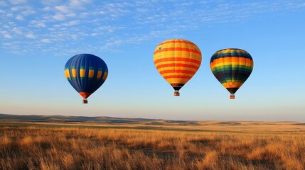 Naklejka premium Three colorful hot air balloons soaring over a golden grassy landscape under a blue sky.